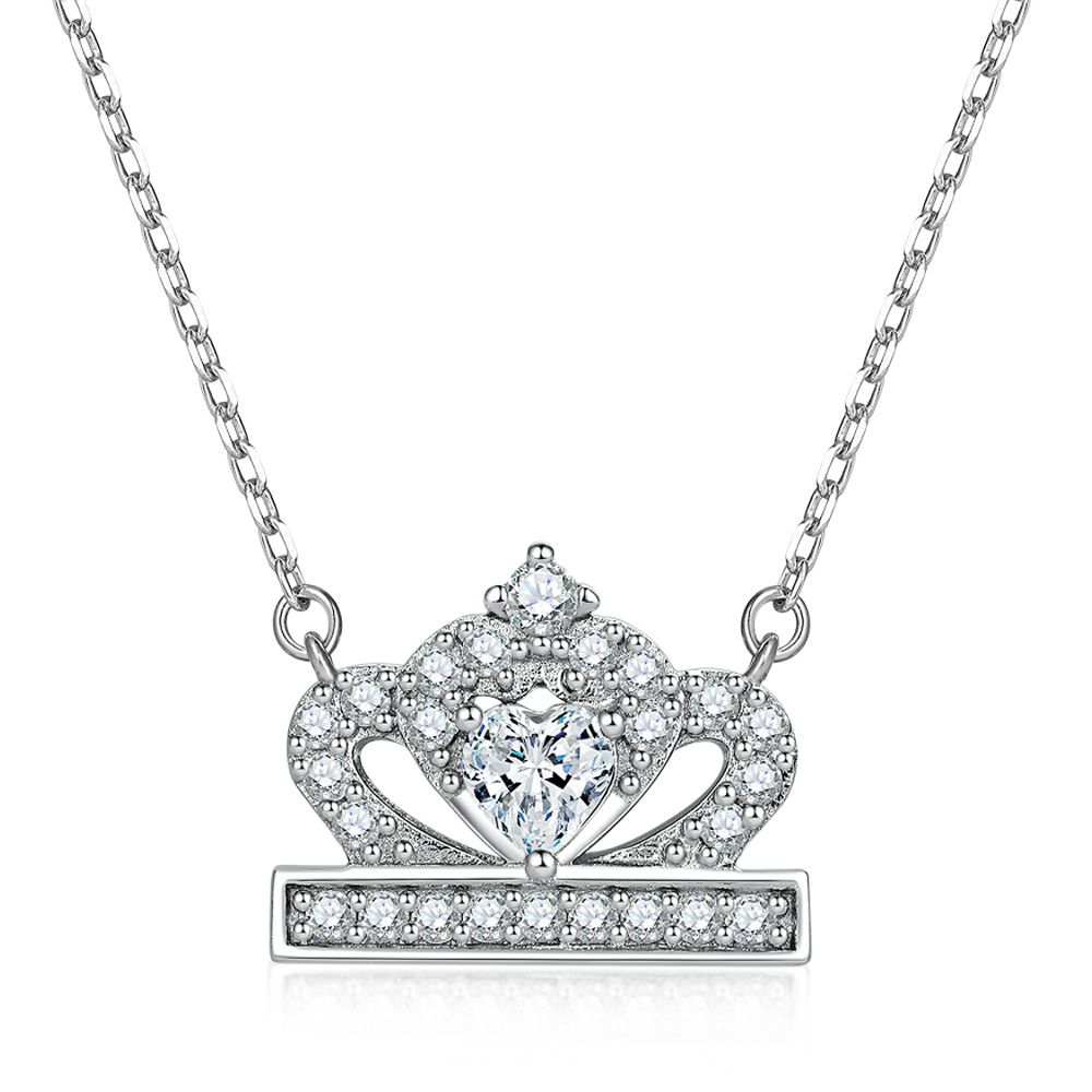  Princess Coronation Crown Necklace Women&#39;s Heart Pendant Heart-shaped Silver Necklace, Color: Moissanite, Purity: 18 inches