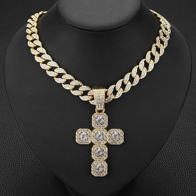 [Moissanite] New Rock Sugar Full Diamond Cross Pendant Necklace Hip Hop Cuban Chain