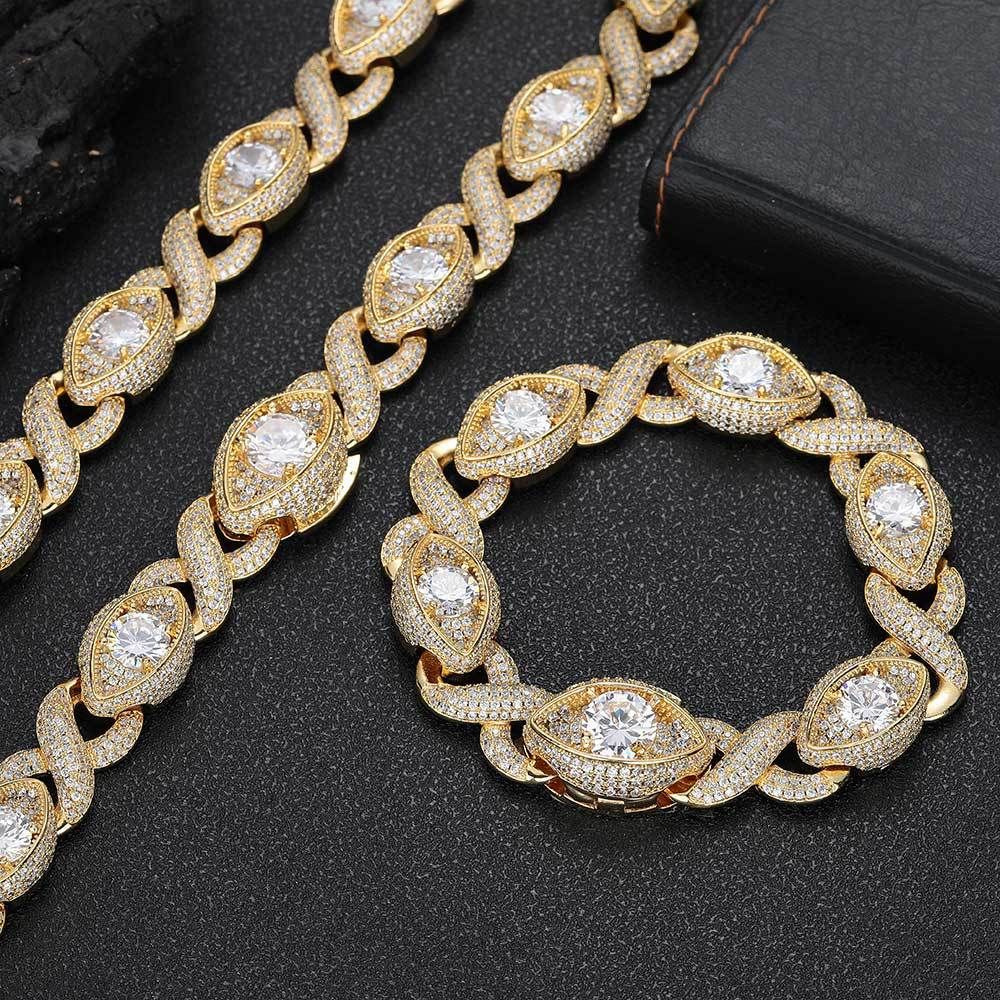 [Laboratory diamonds] European and American hip-hop jewelry 15mm Cuban chain moissanite necklace men&#39;s bracelet, Color: Golden (width 15mm), Purity: Bracelet 7-inch inches (length 17.78cm)