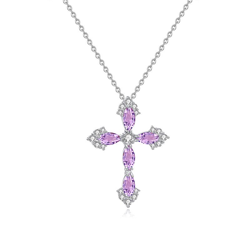 (925 silver + moissanite) natural crystal stone hip-hop cross pendant all-match net red necklace, Color: DH0224-1 Amethyst, Purity: 925 silver