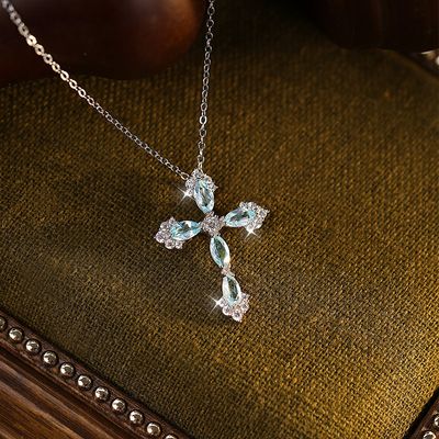 (925 silver + moissanite) natural crystal stone hip-hop cross pendant all-match net red necklace
