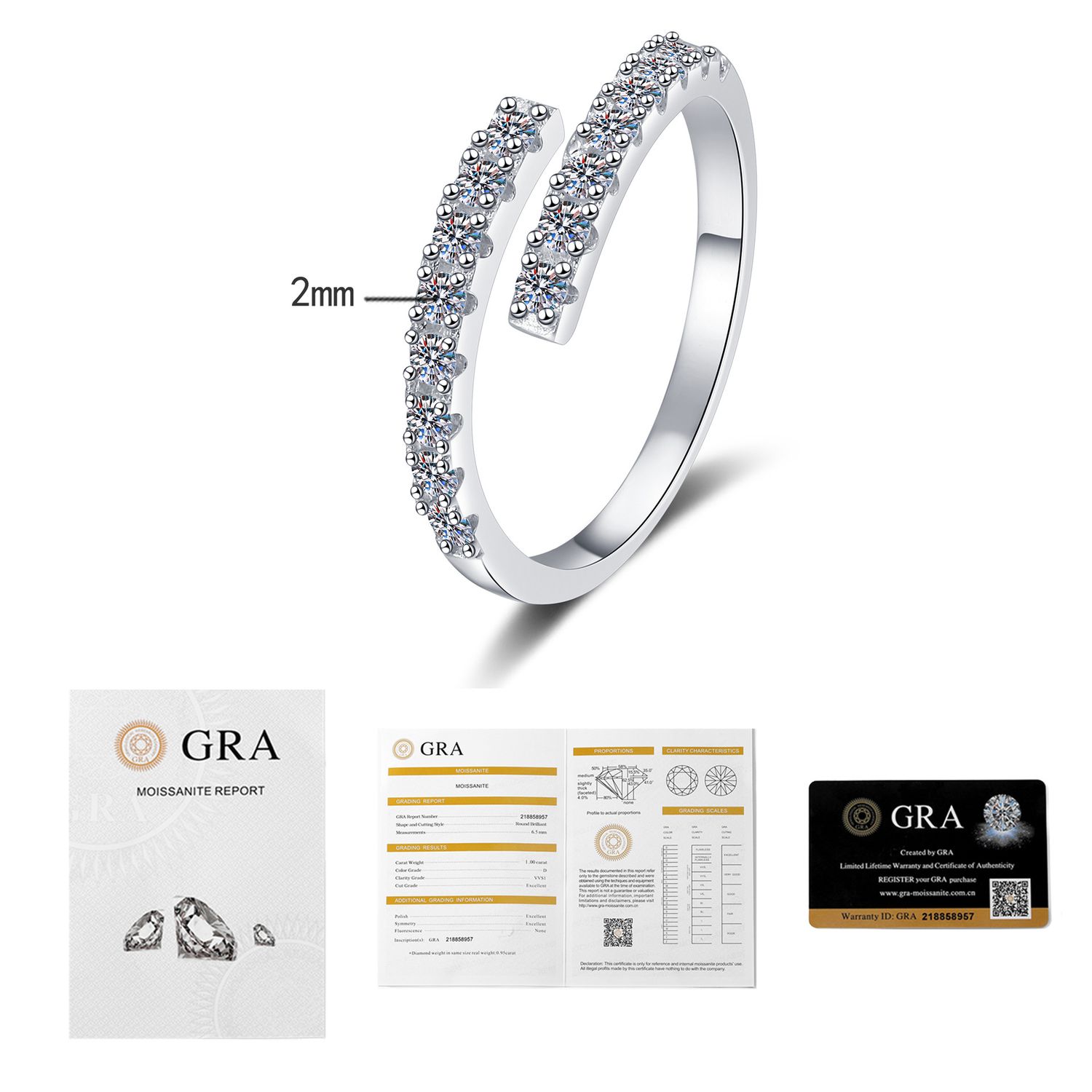  Moissanite ring can be adjusted in size, Size: Adjustable opening, Color: 48 points Moissanite Diamond