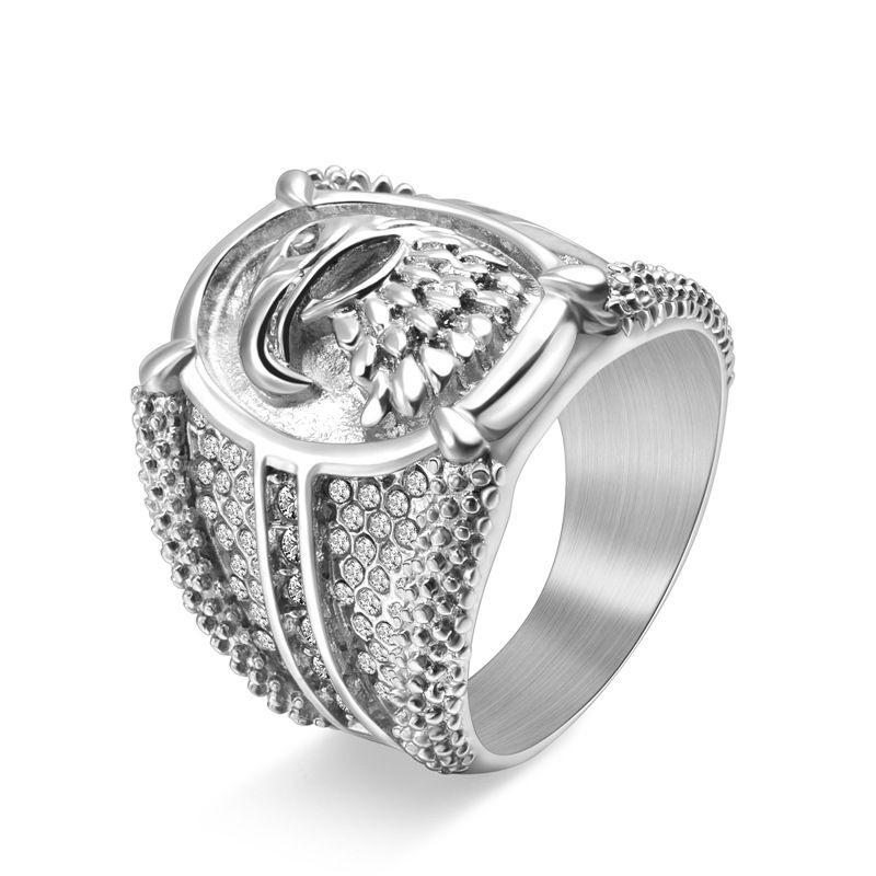 punk style eagle men&#39;s full diamond ring street hip-hop gold-plated ring, Size: No. 8, Color: Silver