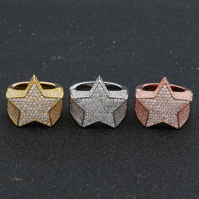 (Full diamond ring) HIPHOP hip-hop personality five-pointed star fashion men&#39;s star