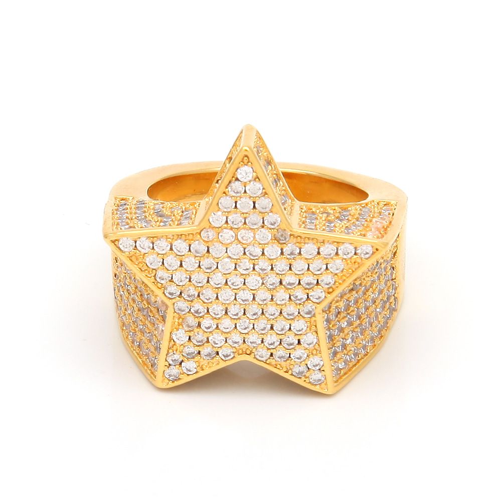 (Full diamond ring) HIPHOP hip-hop personality five-pointed star fashion men&#39;s star, Size: No. 7, Color: Golden (Plane)