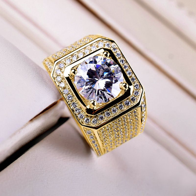 (Moissanite) Full Diamond Sparkling Men&#39;s Ring Moissanite Engagement Wedding Ring, Size: Adjustable opening, Color: Full diamond ring [Golden]