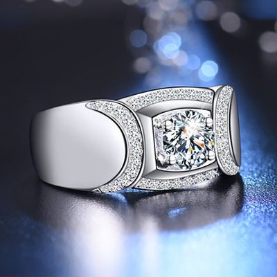 Moissanite] Fashionable men&#39;s business ring with full diamond one carat movable ring