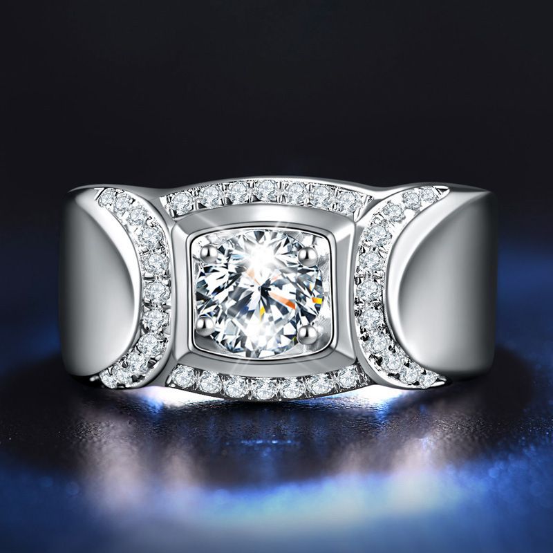 Moissanite] Fashionable men&#39;s business ring with full diamond one carat movable ring, Size: Adjustable opening, Color: J528 (upper and lower folding mouth)
