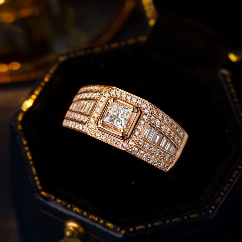 Men&#39;s 1 carat gold-plated square diamond ring, Size: Adjustable opening, Color: Rose gold [main stone 5*5mm]