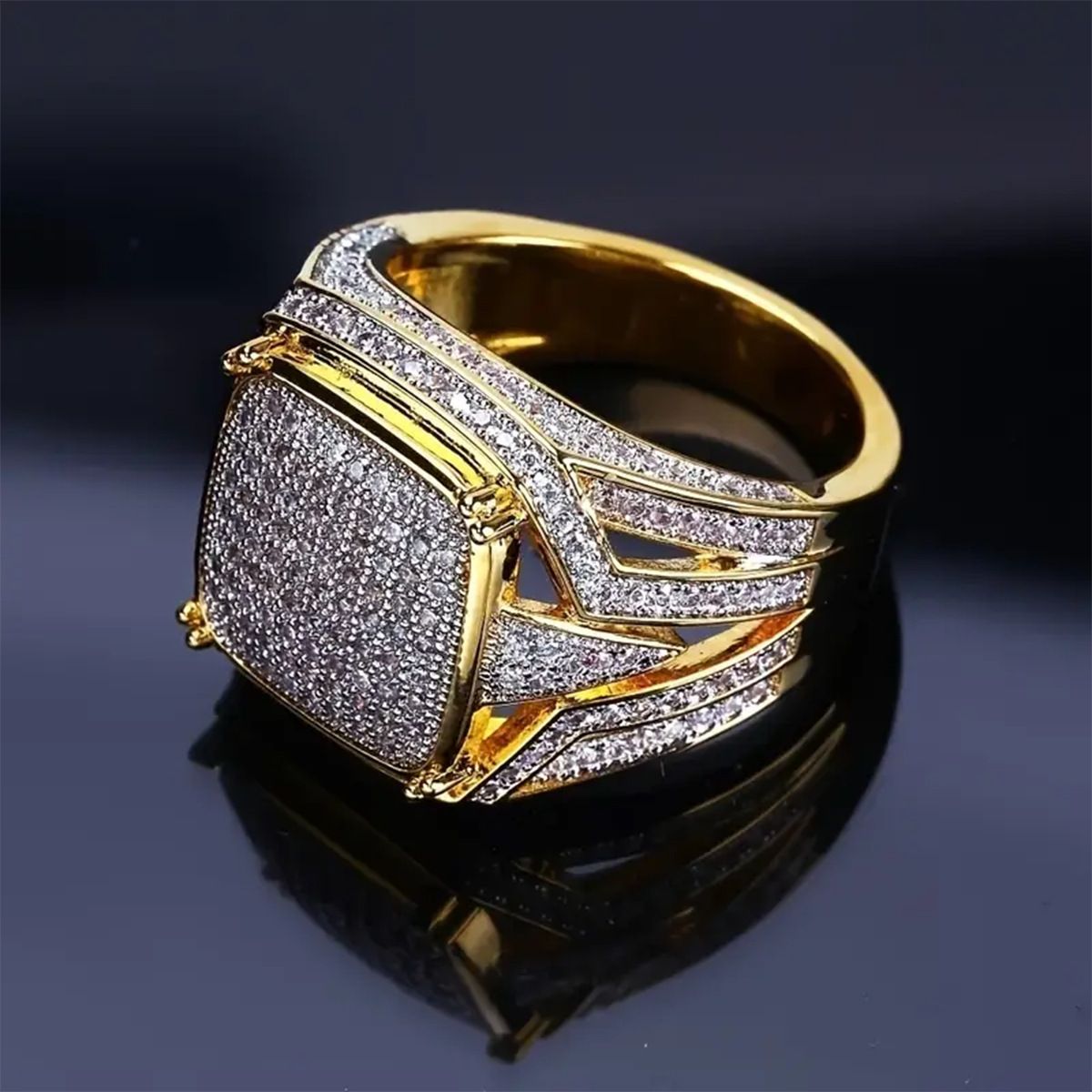 Hip-hop full diamond men&#39;s business OL diamond ring trendy men&#39;s ring, Size: US-7 code, Color: Golden color separation