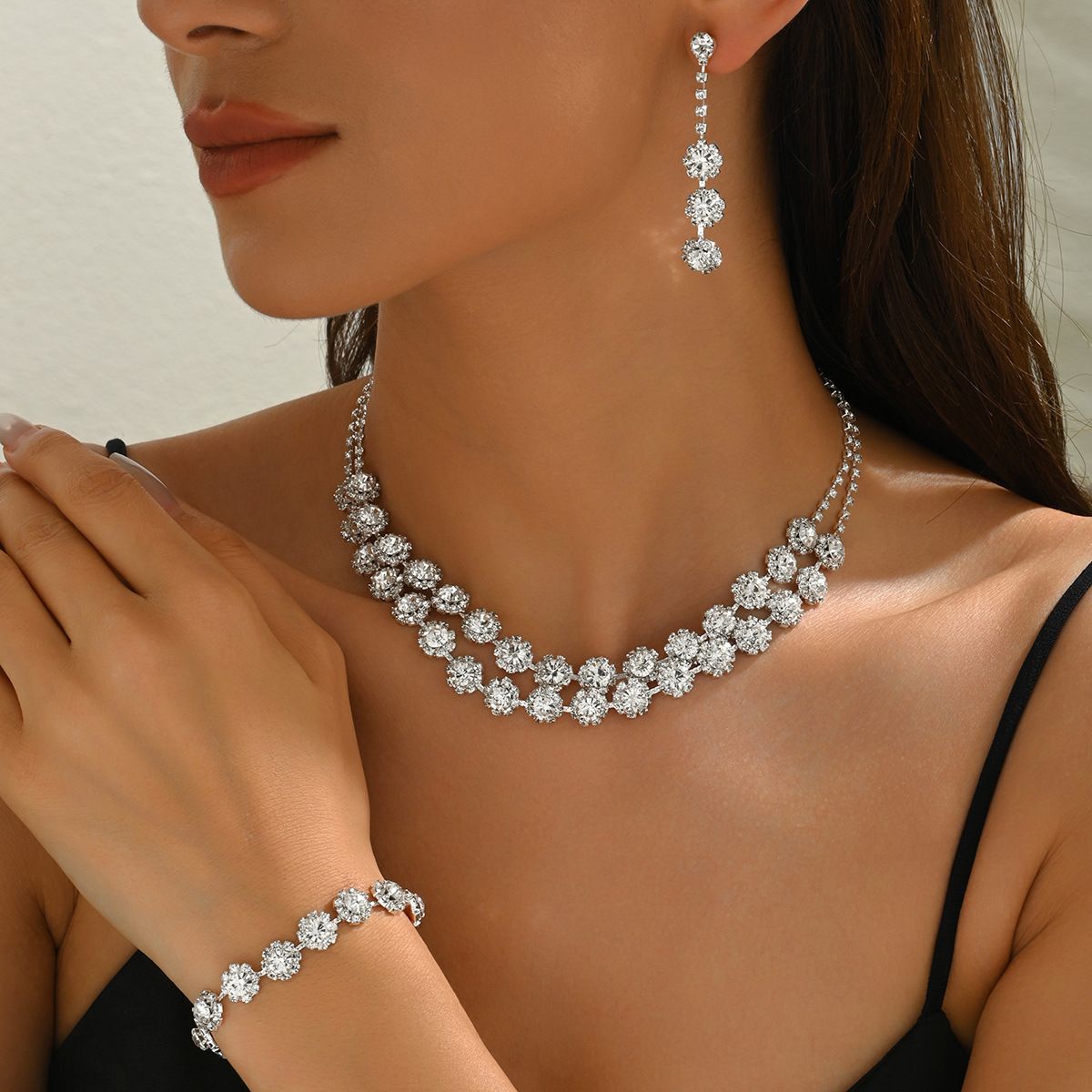 (Moissanite) Wedding Jewelry Bridal Necklace Decoration Set Fashion Claw Chain Full Diamond Jewelry, Color: 3985