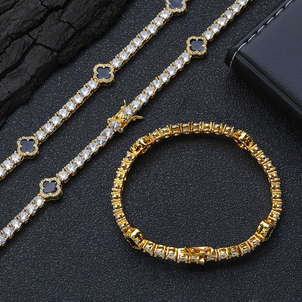 European and American ins style four-leaf clover diamond tennis bracelet moissanite necklace, Color: Gold + black oil drop (order note for oil drop color), Purity: Bracelet 7-inch inches (length 17.78cm)
