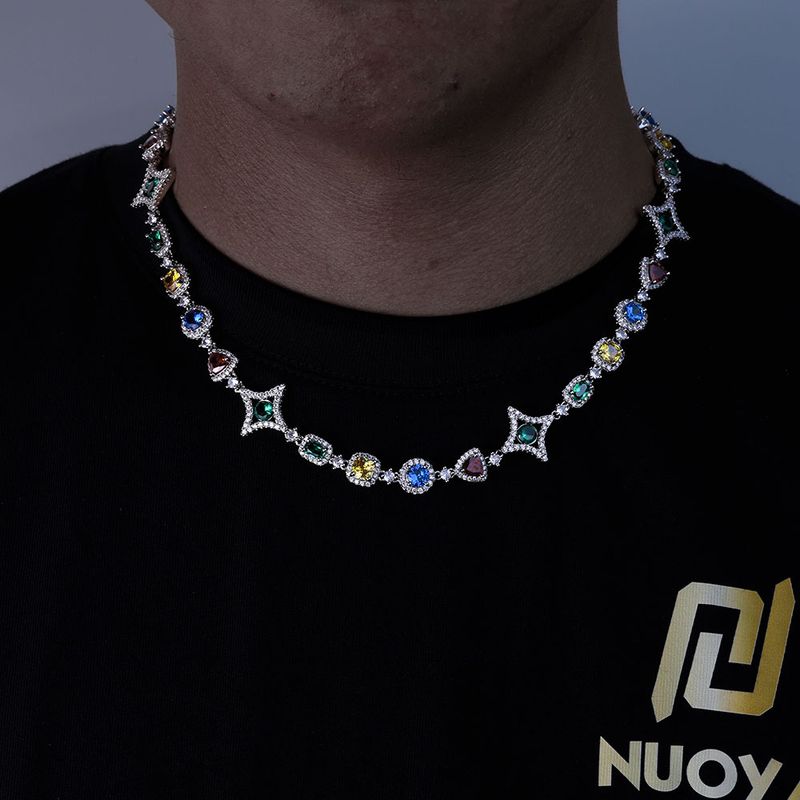 Colored Gemstones + Moissanite) Popular Hip-Hop Colored Gemstone Necklace Bracelet