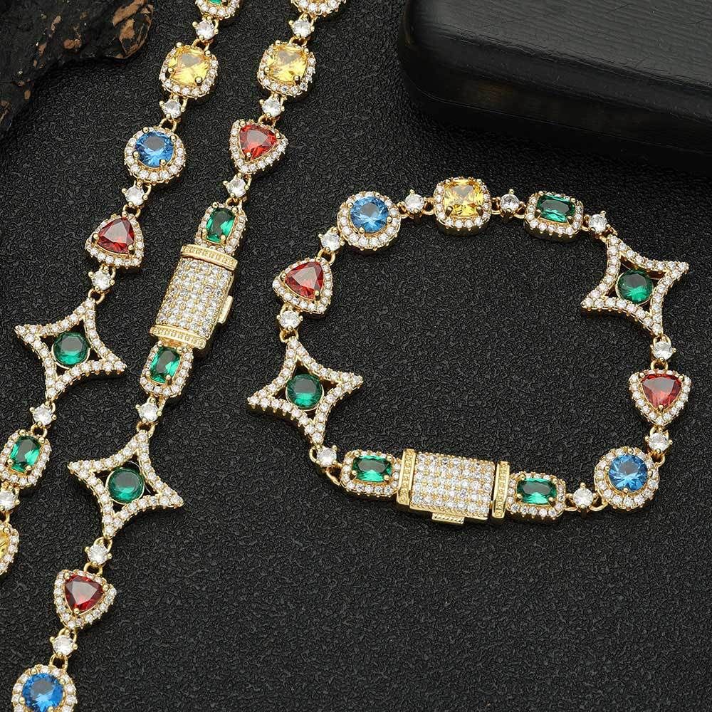 Colored Gemstones + Moissanite) Popular Hip-Hop Colored Gemstone Necklace Bracelet, Color: Golden, Purity: Bracelet 7-inch inches (length 17.78cm)