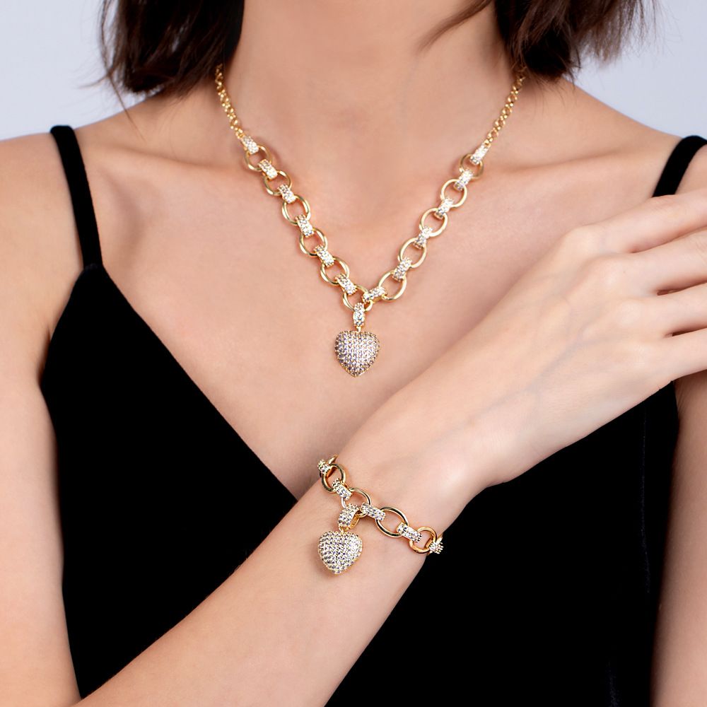 (Moissanite Necklace Bracelet) Heart-shaped Diamond Ins Set, Color: Golden Set (bracelet + necklace)