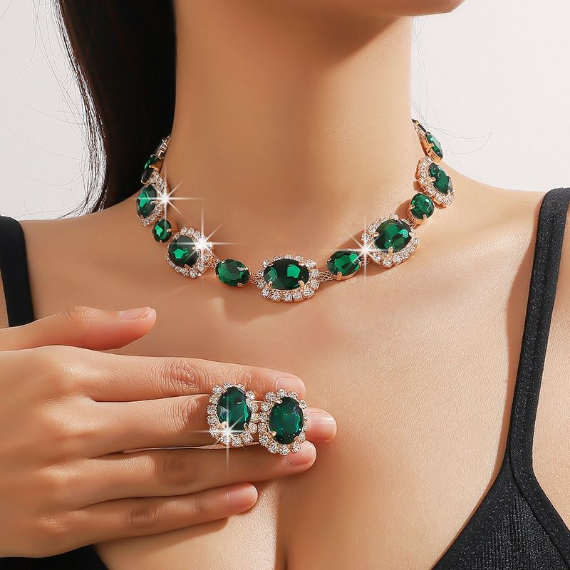 (Moissanite + Colored Gemstone) Oval Geometric Colored Diamond Dinner Earrings and Necklace Set