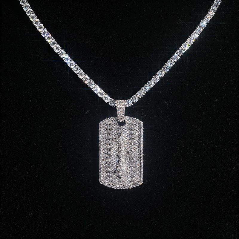 Popular personalized rectangular pendant 5mm tennis necklace, Color: White, Purity: Pendant + Necklace