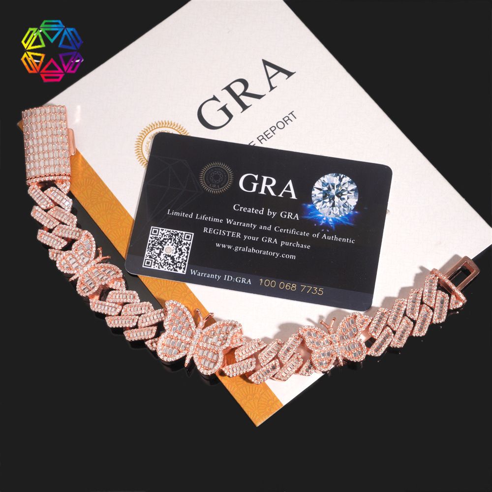 2025 New Hip Hop S925 Silver Fully Inlaid Laboratory diamonds Butterfly Cuban Chain Bracelet, Color: Rose Gold, Purity: 8 inches(20.3cm)