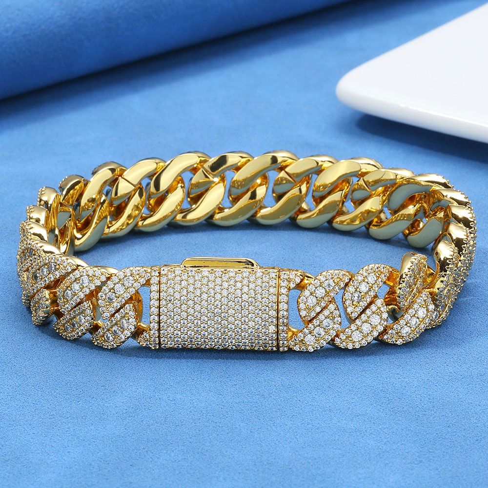 (925 Silver + Moissanite) Custom-made Cuban Chain Men&#39;s Bracelet, Purity: Bracelet 7 inches (length 17.78cm), Color: Gold (width 14mm)