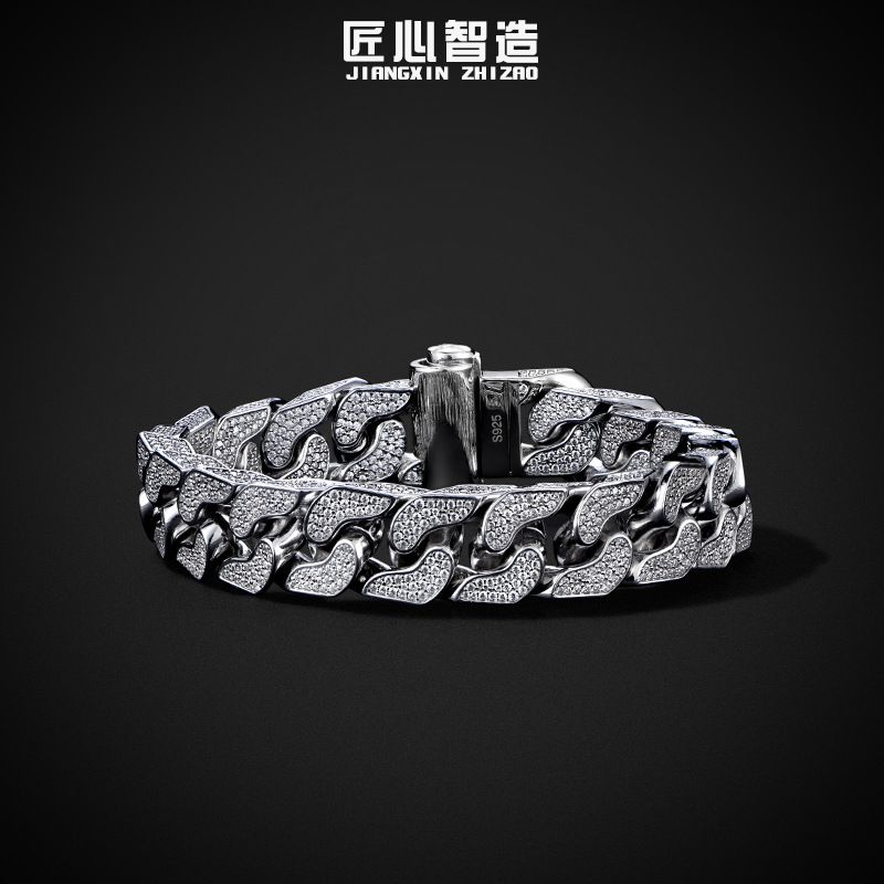 (925 sterling silver + moissanite) Wide four-dimensional inlaid Cuban bracelet