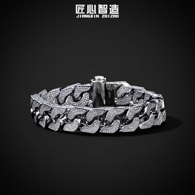 (925 sterling silver + moissanite) Wide four-dimensional inlaid Cuban bracelet