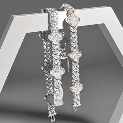 (925 sterling silver + moissanite) Four-leaf clover Cuban necklace