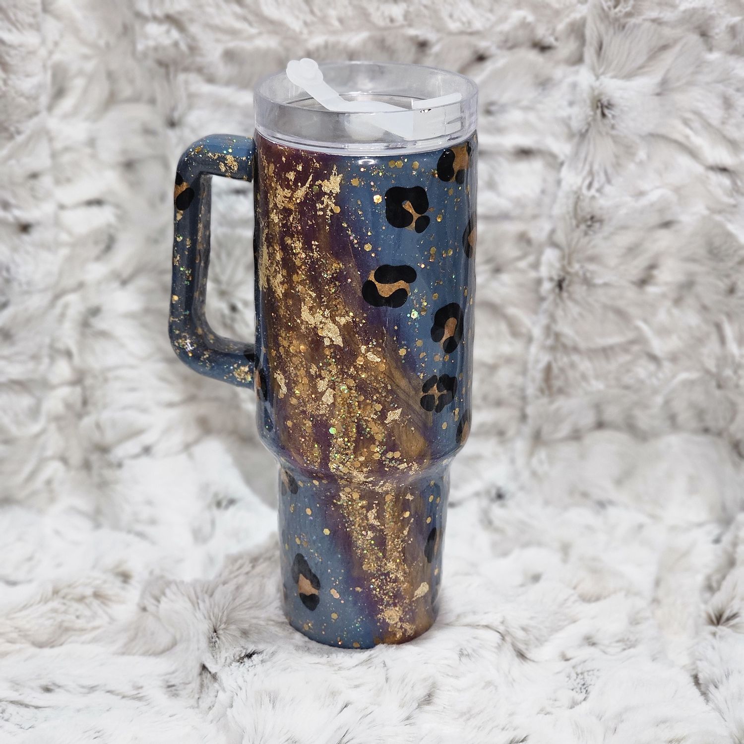 40 oz. Teal and Leopard Tumbler w/Handle