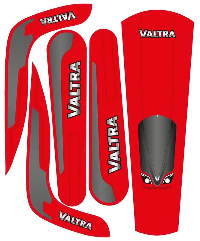 Naklejki w kolorze czerwonym i szarym z napisem „VALTRA” w kolorze białym, zaprojektowane dla Dino Cars Speedy