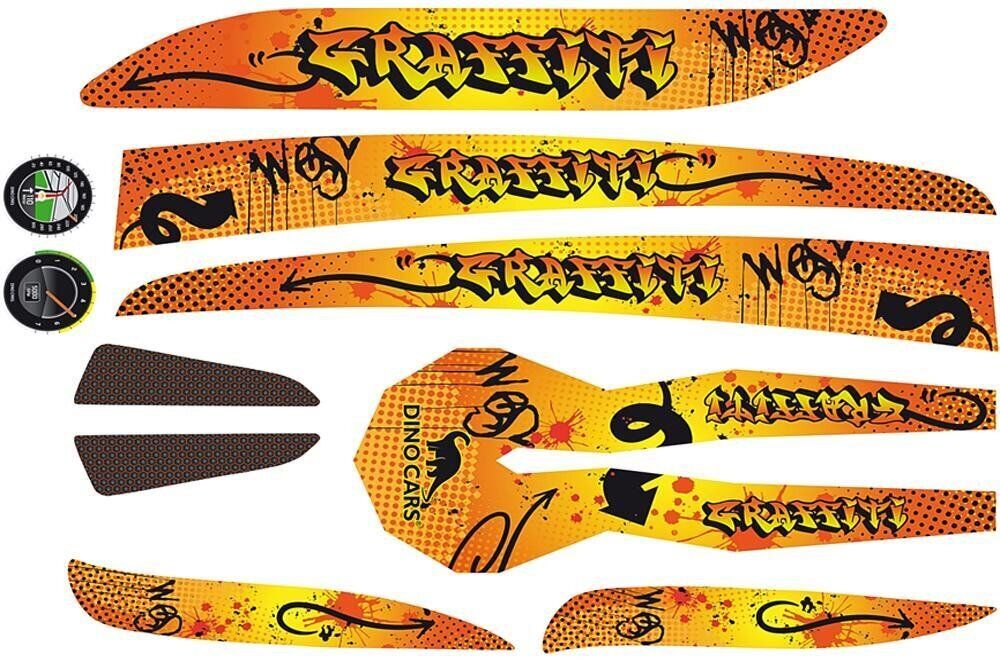 Ensemble d'autocollants avec motif graffiti orange-jaune, lettrage « GRAFFITI » et « DINO CARS »