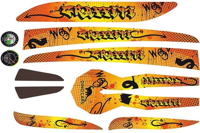 Zestaw naklejek z pomarańczowo-żółtym wzorem graffiti, napisami „GRAFFITI” i „DINO CARS”