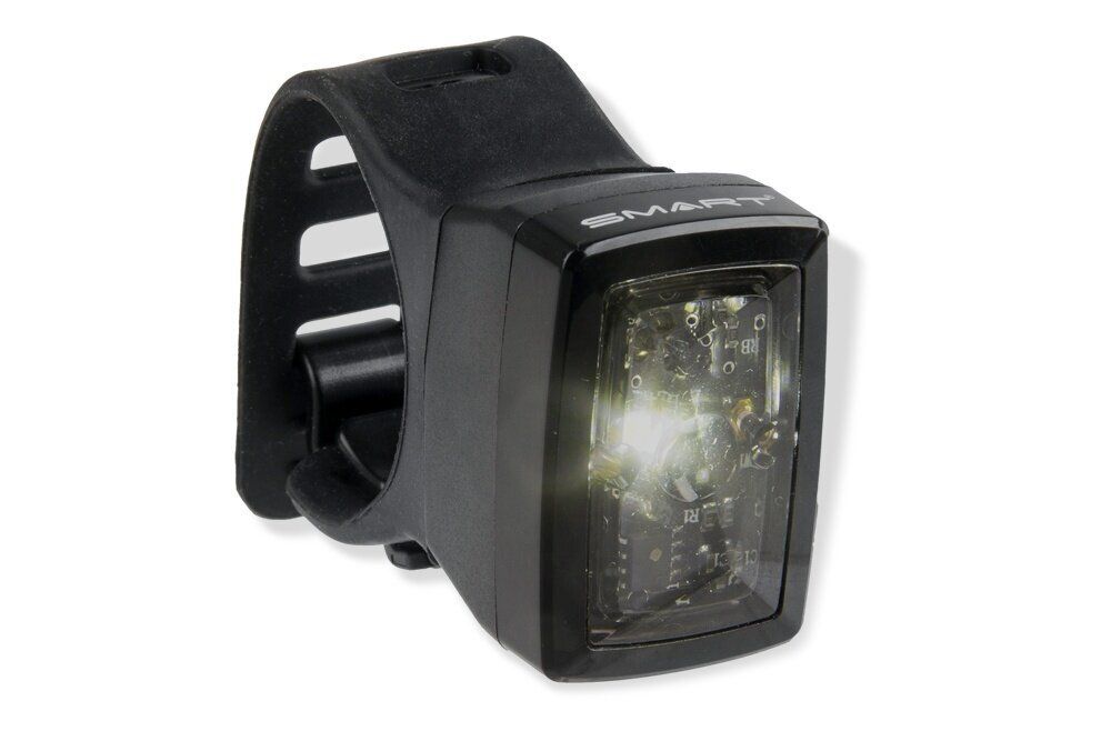 Luz LED intermitente negra con banda elástica ajustable y LED iluminado en la parte delantera.