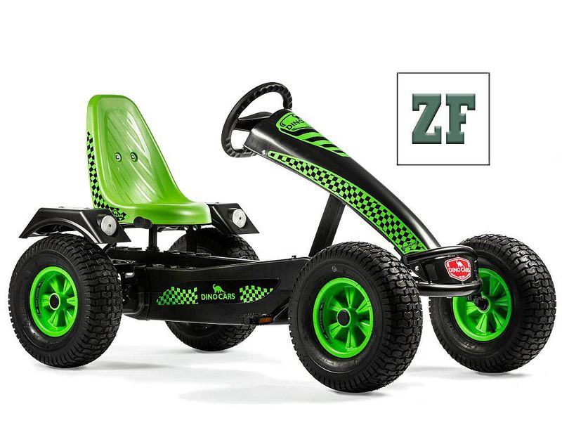Go-kart per bambini Dino Cars con ruota libera commutabile, scocca del sedile in plastica verde, 