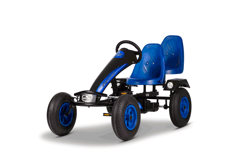 Coche Dino biplaza con asientos y llantas azules, marco negro e inscripción «Blue Lightning».