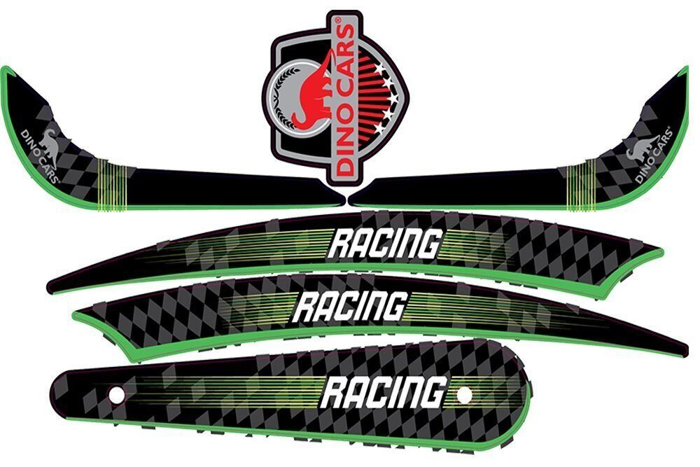 Stickerset met zwarte en groene racestrepen, opschrift 'RACING' en Dino Cars-logo met rode dinosaurus