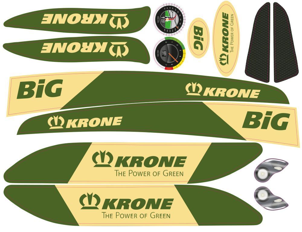 Aufklebersatz mit grünen und gelben Teilen, beschriftet mit 'KRONE', 'BiG' und 'The Power of Green'