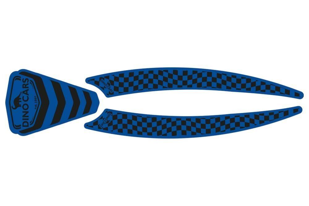 Adesivo sportivo blu-nero per spoiler anteriore con motivo a quadri e testo 'DINOCARS'