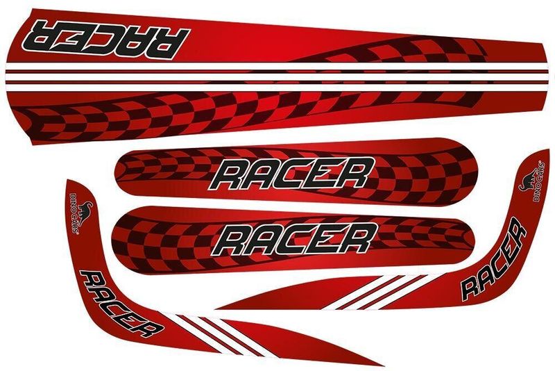 Czerwone naklejki Speedy z czarnym wzorem szachownicy i biało-czarnym napisem „RACER”