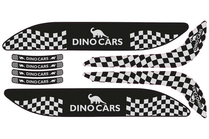 Naklejka Dino Cars Sport w kolorze czarno-szarym ze wzorem szachownicy i napisem „DINO CARS”
