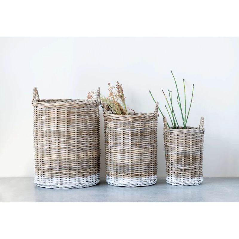 Natural Rattan Basket w/ Handle Dipped White Bottom