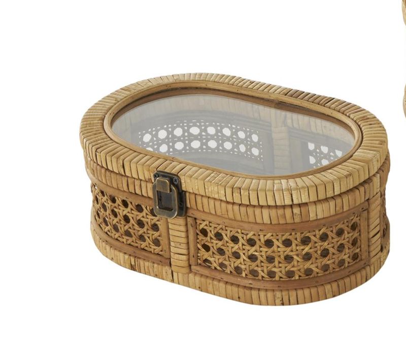 Rattan Homemade Wrapped Oval Storage Box W/ Glass Top