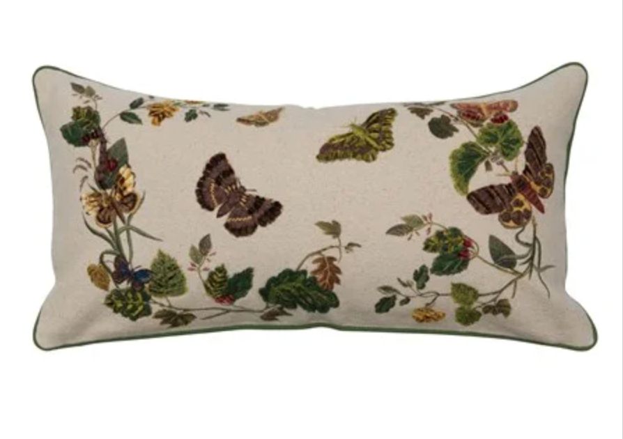 Cotton Lumbar Pillow w/ Butterflies, Flowers, Embroidery &amp; Piping
