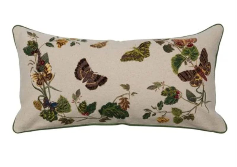Cotton Lumbar Pillow w/ Butterflies, Flowers, Embroidery &amp; Piping