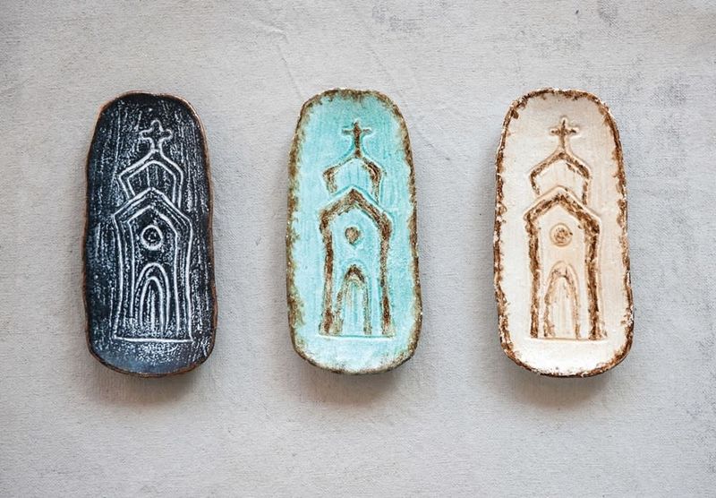 Decorative Embossed Cast Iron Dish w/ Church