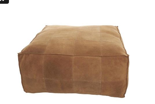 Brown Leather Low Profile Square Pouf with Patchwork Design