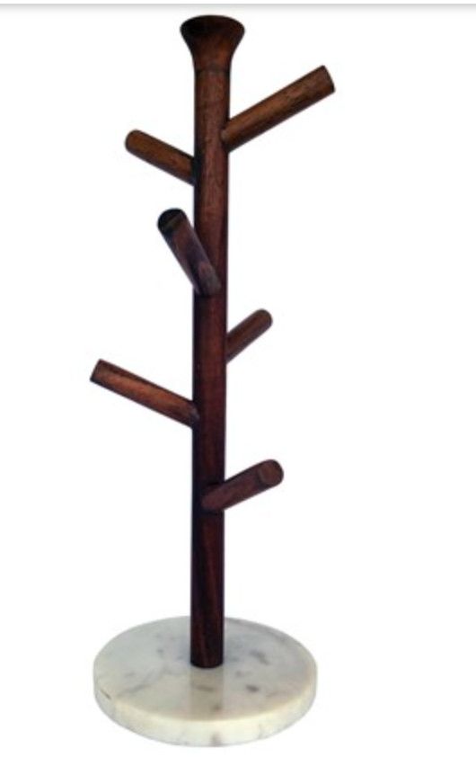 Mango Wood &amp; Marble Mug Rack (Holds 6 Mugs)