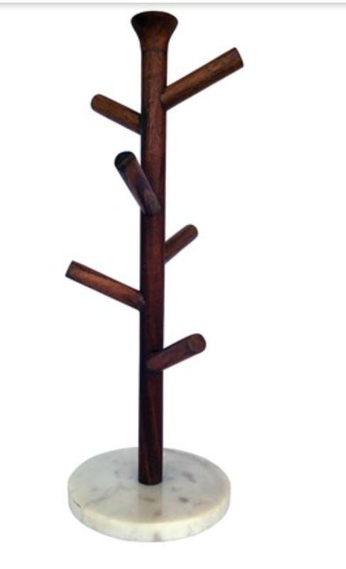 Mango Wood &amp; Marble Mug Rack (Holds 6 Mugs)