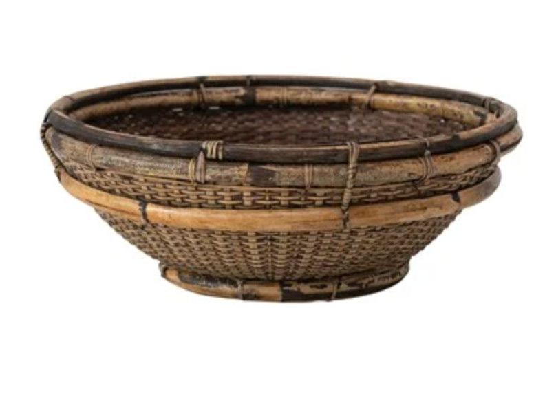 Decorative Hand-Woven Vintage Look Bamboo &amp; Rattan Bowl, Distressed Finish