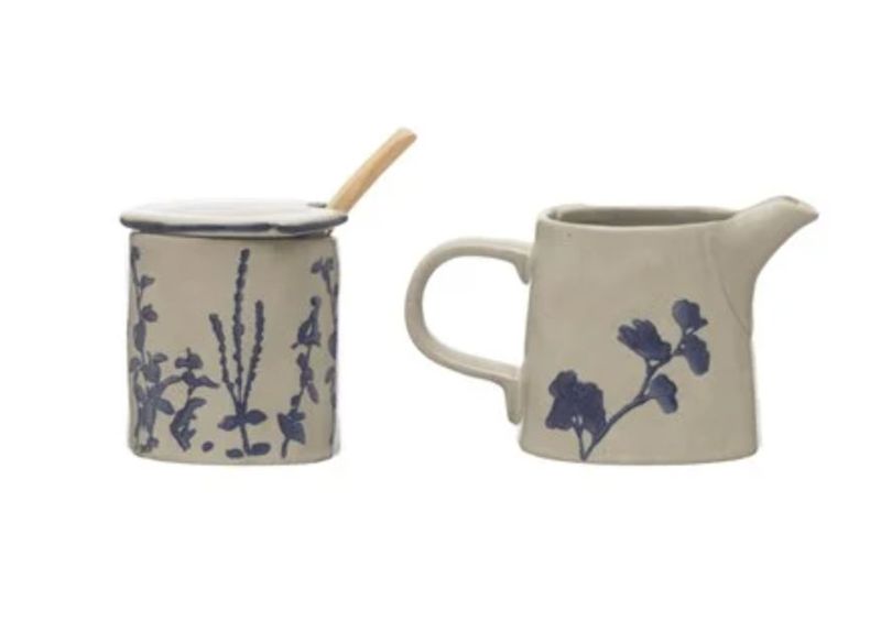 Hand-Stamped Stoneware Sugar Pot, Wood Spoon, &amp; 5 oz. Creamer Set