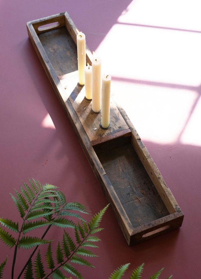 Recycled Wooden Tray with Four Taper Candle Holders