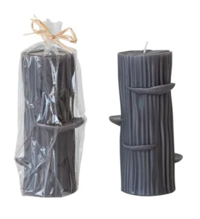 Unscented Log Shaped Candle w/ Mushrooms, Charcoal Color